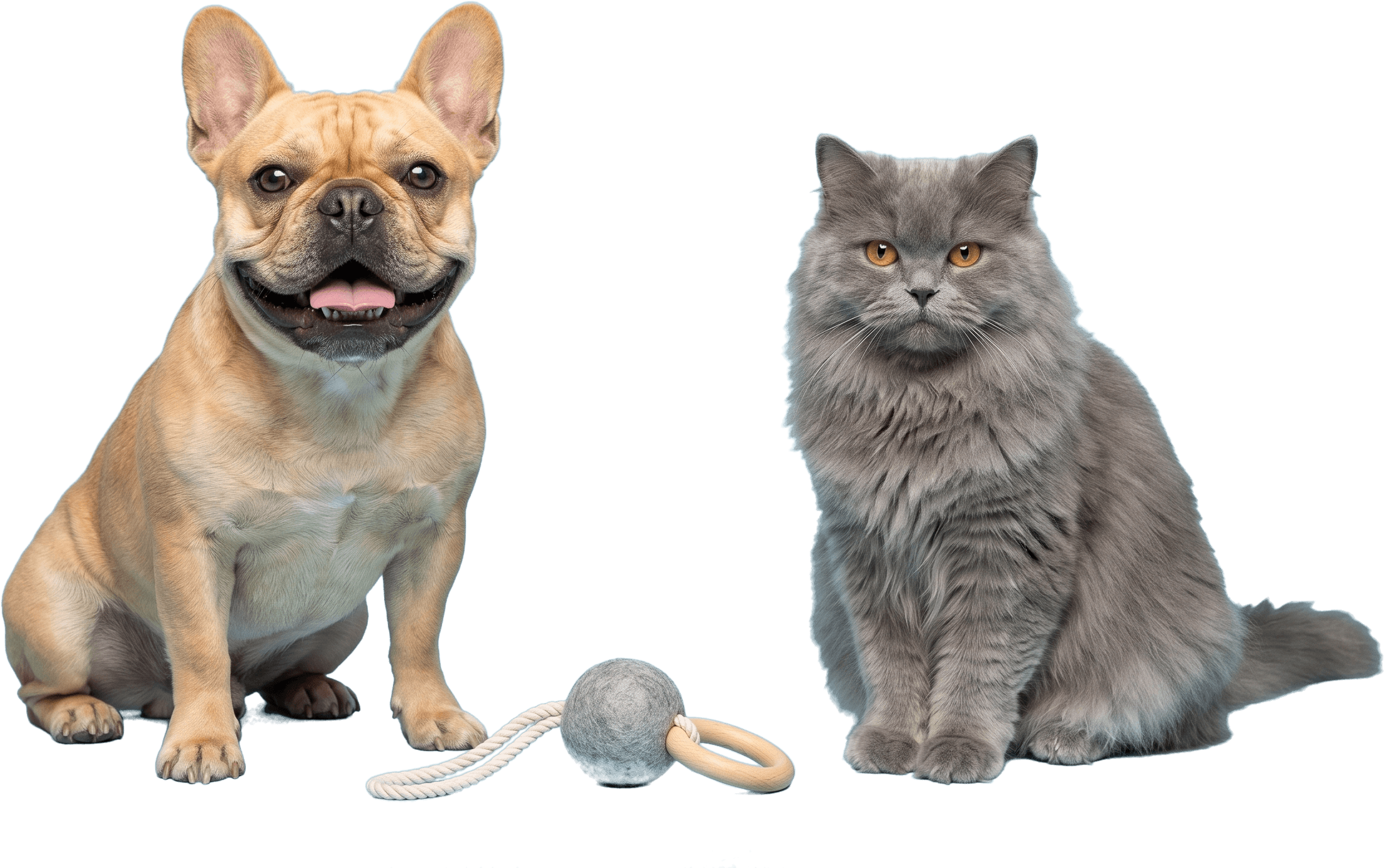 Franse bulldog en grijze kat met speelgoed